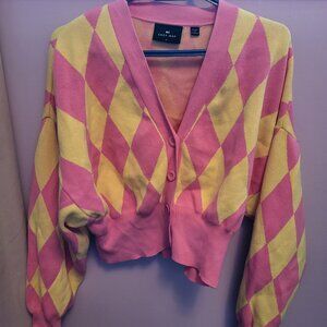 Lazy oaf yellow and pink cropped harlequin cardigan